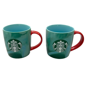 2 Starbucks Green Blue Marbled Red Handle Holiday 11oz Coffee Mug Set 2